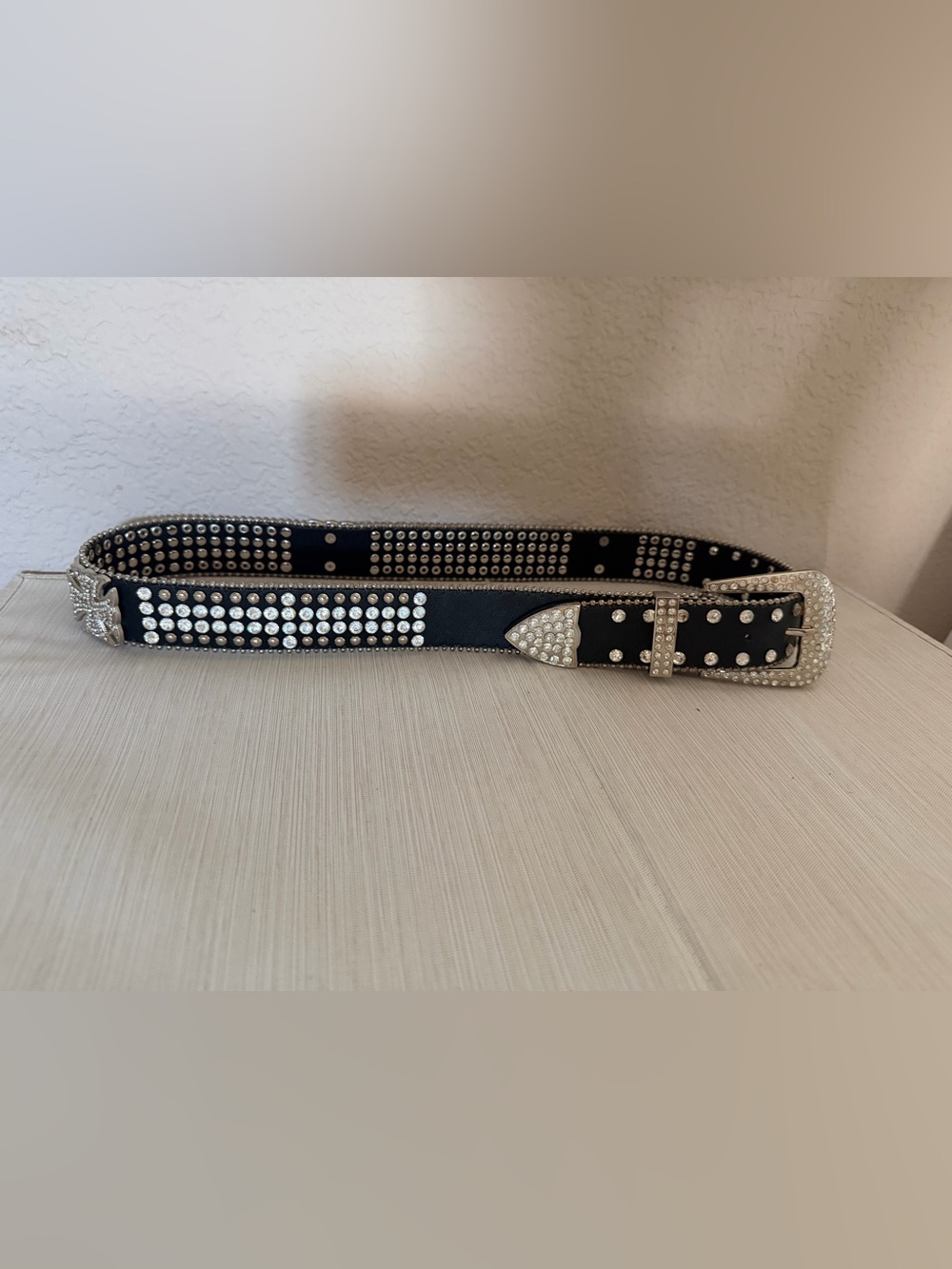 MMS Black Rhinestone Studded Western Belt Silver Cross Conchos